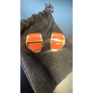 Vintage Christian Dior 1980s Modernist Hoop Clips, Persimmon Enamel & Gold Tone